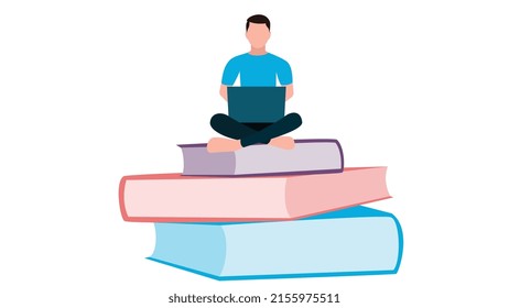 man using laptop on stack of book, business character illustration on white background.