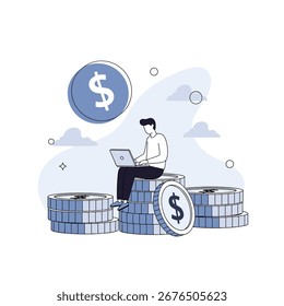 Man using laptop on stack of coins representing financial growth and investment opportunities