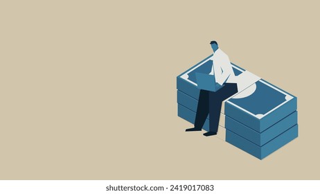 A man is using a laptop on top of a wad of bills.