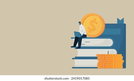A man using a laptop on top of a book. There are coins around the book.