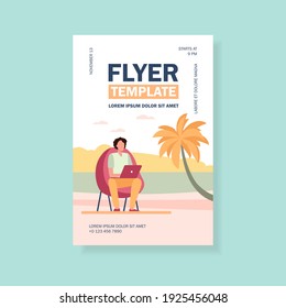 Man using laptop on tropical beach. Freelancers workplace with armchair outdoors flat vector illustration. Distance or remote working, freelance concept for banner, website design or landing web page