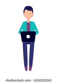 man using laptop on white background vector illustration
