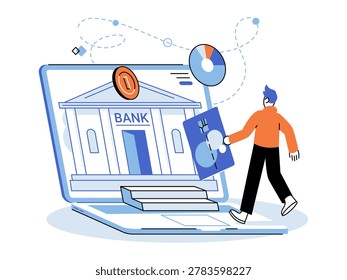 Man using laptop for online banking vector illustration. Digital finance, fintech, money management, electronic payments, banking services, financial planning. Person with computer and bank card