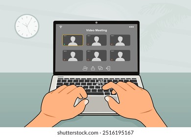 Man using a laptop for online meeting or learning with video conference. Vector illustration.