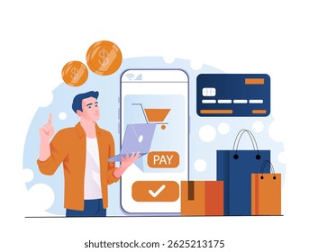 Man using laptop for online shopping via mobile app, with credit card, coins, shopping bags and payment button on abstract background. Concept of e-commerce. Vector illustration