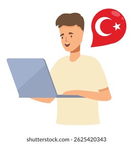 Man is using a laptop for online turkish language learning