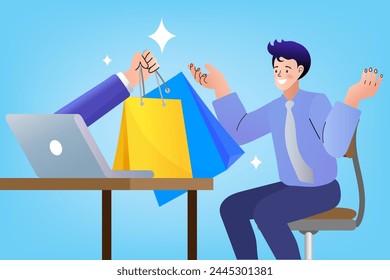 Man using laptop to order goods. shopping online, buying on sale through internet. Customer making purchases, using technology. E-commerce website, Digital or virtual marketplace. Flat vector