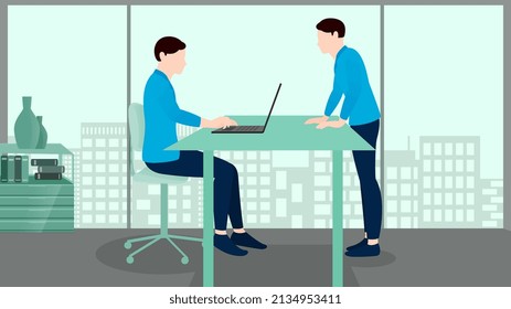 man using laptop and other man is standing near the table, business concept vector character illustration on flat building background.  
