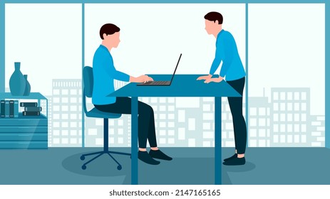 el hombre que usa laptop y otro hombre está parado cerca de la mesa, concepto de negocio, ilustración de carácter vector en el fondo de edificio plano.  