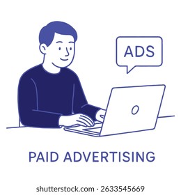 Homem usando laptop para publicidade paga com anúncios bolha de mensagem. Conceito de marketing digital.