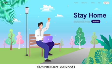 Man using laptop in park. Young man enjoying a high-tech lifestyle on fine days. Stay home banner template. chatting gadget. Mobile internet addiction. Trendy flat vector illustration