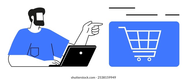 Man using a laptop, pointing to a shopping cart symbol. Ideal for themes such as e-commerce, online shopping, digital marketing, customer service, and technology. Simple modern flat style