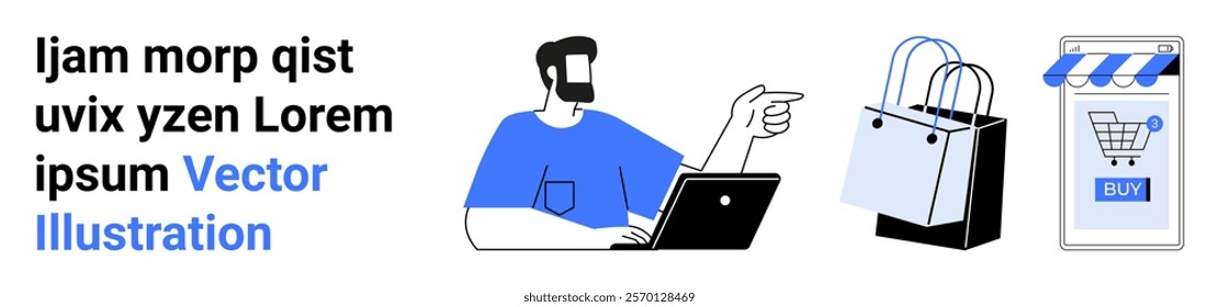 Man using a laptop pointing at shopping bags and a digital storefront. Ideal for e-commerce, online shopping, digital marketing, web design, customer engagement. Banner for landing page