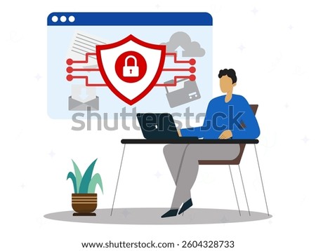 A man using laptop to protecting his personal data with shield on encryption. Cyber security, confidential data protection and online cyber data secure. 