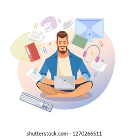 Man Using Laptop, Reading Documents or E-mails Online, Searching Information Online Cartoon Vector Isolated on White. Entrepreneur or Freelancer Working in Virtual Office. Student Distance Education