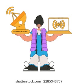 Man using laptop and satellite dish for Internet of Things.