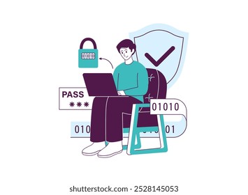 Man using a laptop, securing his account with a password and a shield.