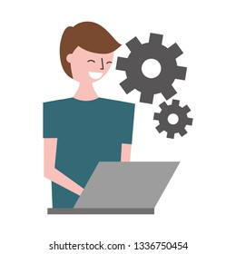man using laptop settings gears