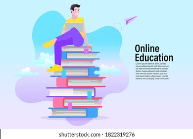 A man using a laptop sitting on a pile of books. Online education concept. Cartoon children playing. Welcome back to school. Flat design.