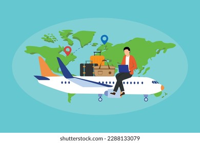 Man using laptop sitting on an airplane - travel concept 2d vector illustration concept for banner, website, illustration, landing page, flyer, etc.