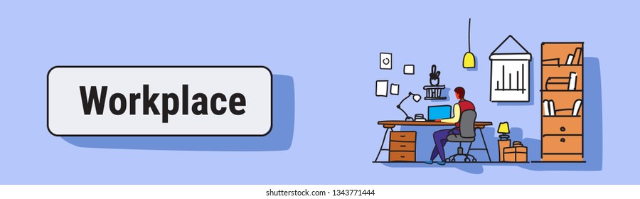 man using laptop sitting workplace desk concept working cabinet furniture modern office interior design sketch doodle horizontal banner