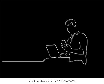 Man using a laptop and a smartphone isolated line drawing, vector illustration design. People using technology collection.
