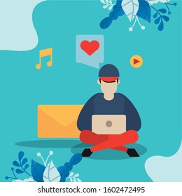 man using laptop with social media app vector illustration design