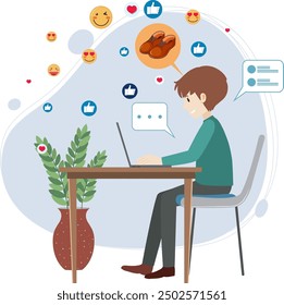 Man using laptop with social media icons