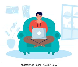 man using laptop in sofa stay at home campaign vector illustration