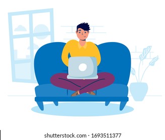 Mann mit Laptop im Sofa bleiben zu Hause Kampagne Vektorillustration Illustration