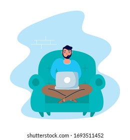man using laptop in sofa stay at home campaign vector illustration