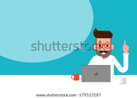 Man using laptop with speech bubble.