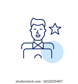 Homem usando laptop e estrela. Excelente software, serviço VIP, recurso online especial. Pixel perfeito, ícone de vetor de traçado editável