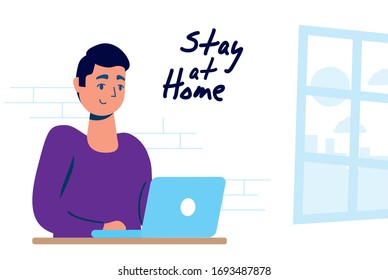 man using laptop stay at home campaign vector illustration