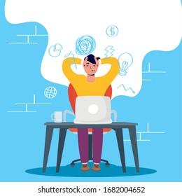 man using laptop with stress character vector illustration design