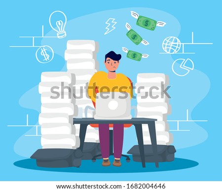 man using laptop with stress character vector illustration design