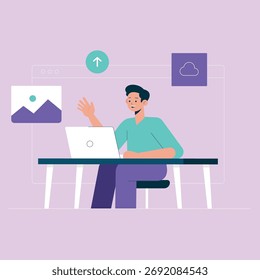 Hombre que usa el ordenador portátil que navega por Internet, que busca la información, que carga la Imagen. Ilustraciones vectoriales de estilo dibujadas a mano aisladas sobre fondo blanco
