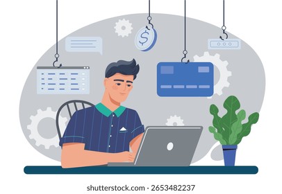 Man using laptop surrounded by icons representing cyber threats like phishing, money scams, and data theft, in a flat style on a gray background. Concept of online security. Vector illustration