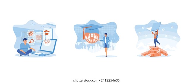 Man using a laptop to take online lessons from home. Education in a Global World. Cheerful girl standing on a pile of books. set flat vector illustration.