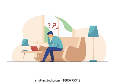 Man using laptop for video call. Angry talk partner shouting at him from speakers flat vector illustration. Online communication, conflict concept for banner, website design or landing web page