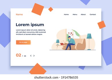 Man using laptop for video call. Angry talk partner shouting at him from speakers flat vector illustration. Online communication, conflict concept for banner, website design or landing web page