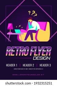 Man using laptop for video call. Angry talk partner shouting at him from speakers flat vector illustration. Online communication, conflict concept for banner, website design or landing web page