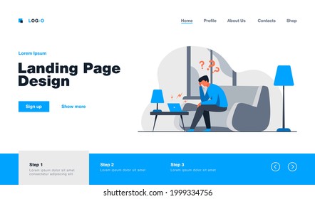 Man using laptop for video call. Angry talk partner shouting at him from speakers flat vector illustration. Online communication, conflict concept for banner, website design or landing web page