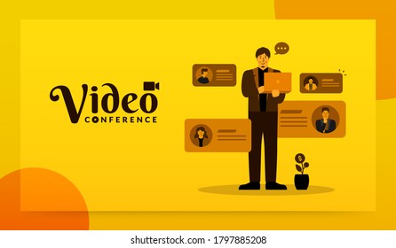 Man using laptop to video conferencing with his team, online meeting concept