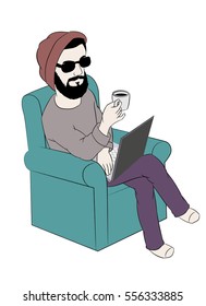 Man using laptop while having coffee on sofa, vector illustration