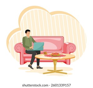 Man using a laptop while seated on a sofa, with a table nearby featuring snacks and decor. Flat vector modern illustration 