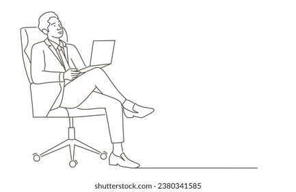 Man is using a laptop while sitting in his desk chair. Hand drawn vector illustration. Black and white.