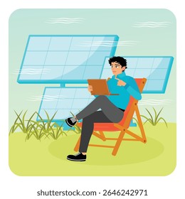 Um homem usando um laptop enquanto senta perto de painéis solares em um ambiente ao ar livre. Promover a energia sustentável e tecnologias ecológicas. Conceito de produtos ecologicamente corretos.