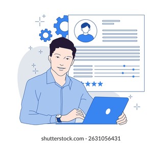 A man using a laptop while working on a resume, with profile and rating elements in the background, in a flat graphic style on a white background. Concept of job application. Vector illustration