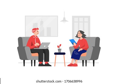 A man is using a laptop and a woman with a tablet is discussing about advertising and marketing svg